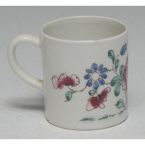 32 - A Bow coffee can,  painted in Famille Rose palette with peony and with trailing flowers and holed ro... 