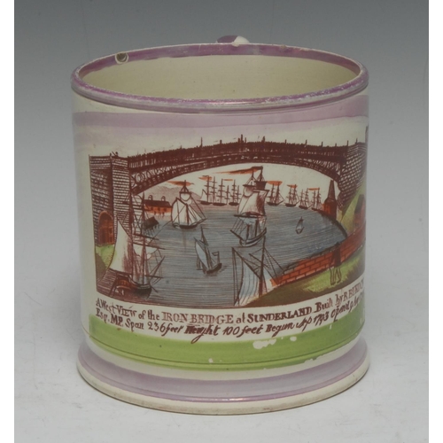 4 - A Sunderland lustre named view porter mug, transfer printed and with A West View of the Iron Bridge ... 
