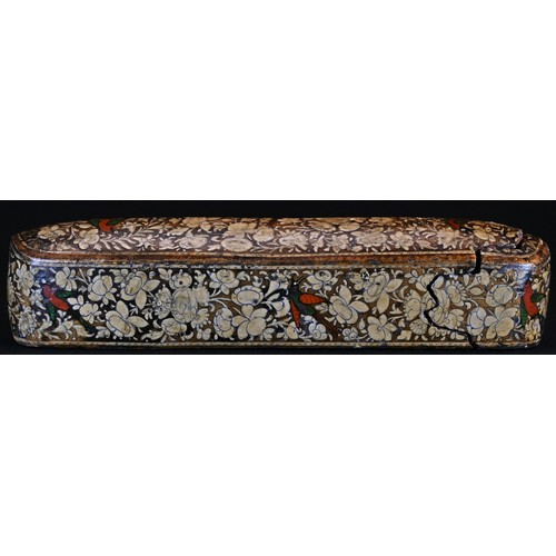 5039 - A 19th century Indian papier mache qalamdan pen box, brightly decorated in the Persian Islamic manne... 