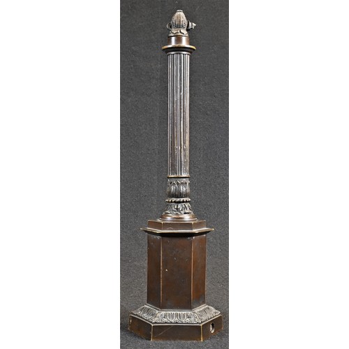 5021 - A 19th century dark patinated bronze bar light, pillar or lamp base, reeded column, hexagonal base w... 