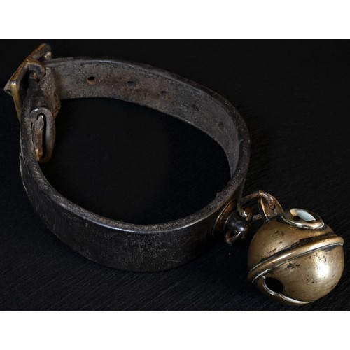 5043 - A 19th century leather animal collar, with brass crotal or rumbler bell, 16cm diam