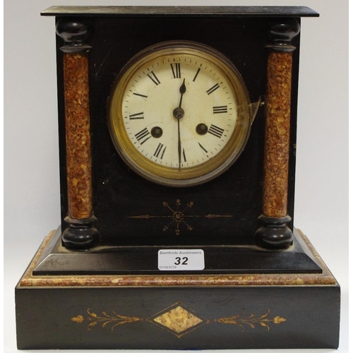 32 - A 19th century belge noir mantel clock, movement backplate stamped Japy Freres, Roman numerals, twin... 