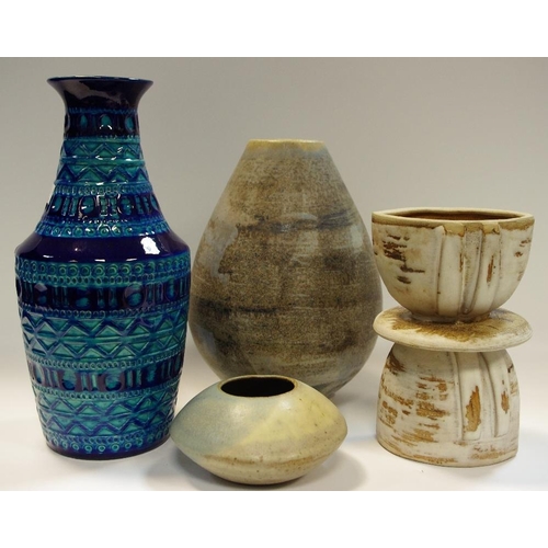49 - Studio pottery - a West Germany bay 606-30 vase; a waisted vase; a compressed ovoid vase; a large ov... 