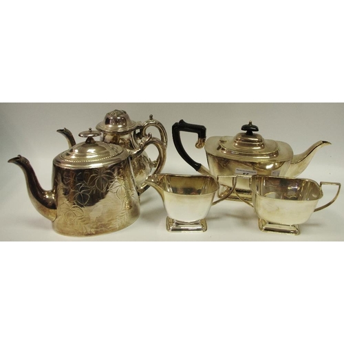 55 - Plated ware - a three piece EPNS tea service; an EPBM teapot; a similar coffee pot