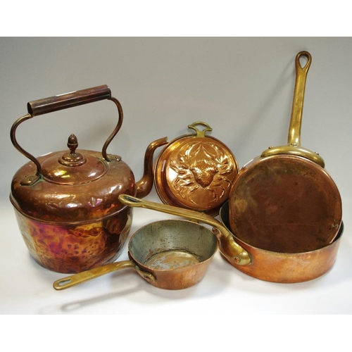 9 - Copper - a graduated set of three heavy gauge saucepans; a large Victorian kettle, acorn finial, c.1... 