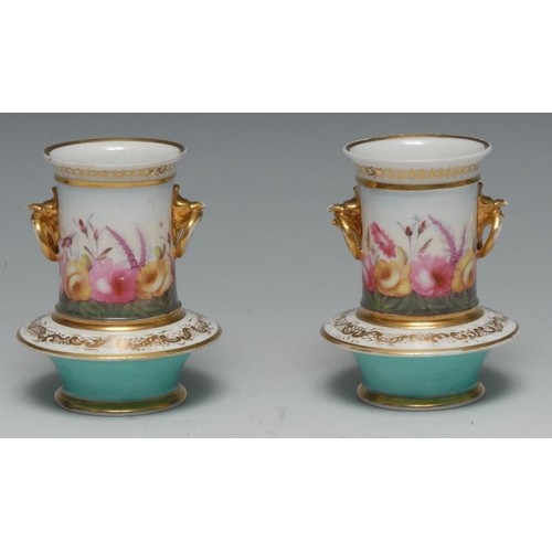 44 - A pair of 19th century Coalport spill vases, painted with flowers, turquoise bases, gilt bird beak r... 