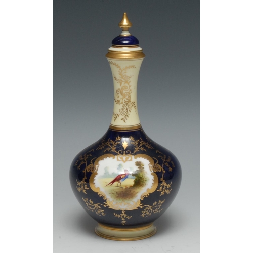 47 - A Coalport bottle vase, decorated with fanciful border within a gilt cartouche, on a blue and light ... 