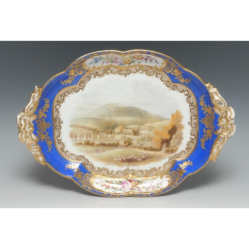 60 - A Worcester two handled shaped oval dish, painted with a view of The Wrekin, Shropshire, the Smiths ... 