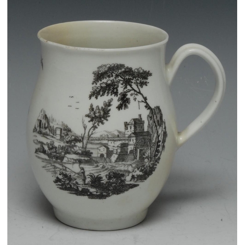 61 - A Worcester 'The Windmill' pattern bell shaped medium mug, grooved handle, printed in monochrome aft... 
