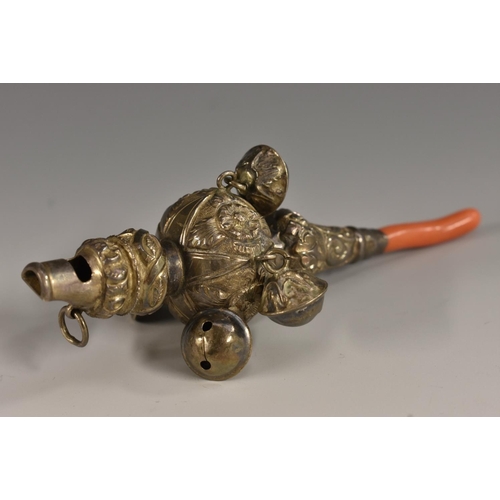 39 - A Victorian teething whistler rattle,bulbous body, five suspension bells, allover floral decoration,... 