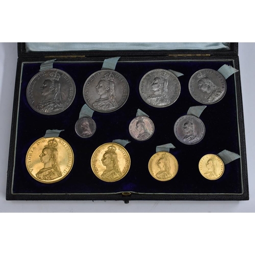 3377 - Coins, GB, Queen Victoria, Golden Jubilee, 1887 Gold and Silver Eleven-Piece Specimen Set: £5 to 3d,... 