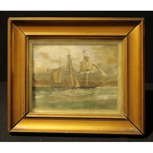 English School, ship at sea with boat, oil on canvas, indist...