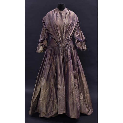 4108 - A mid 19th Century lady's gown, lavender and taupe two tone shot silk gown, velvet trim, bell sleeve... 