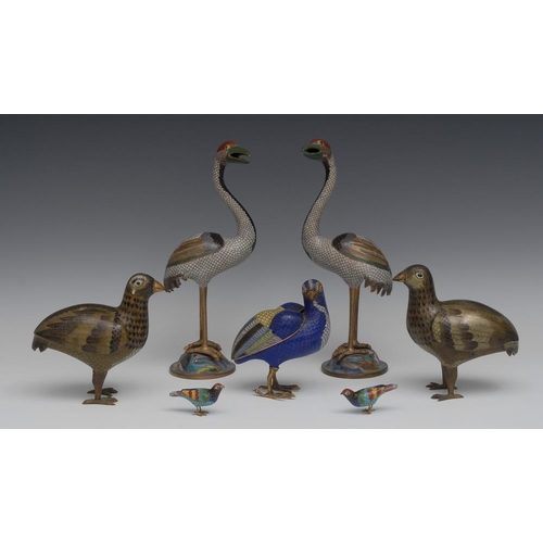 35 - A pair of Chinese cloisonne enamel models, of quail, 15cm high; a pair of cranes; others (7)