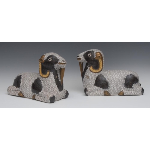 39 - A pair of large Chinese cloisonne enamel models of rams, in the Ming taste, decorated with scrolling... 