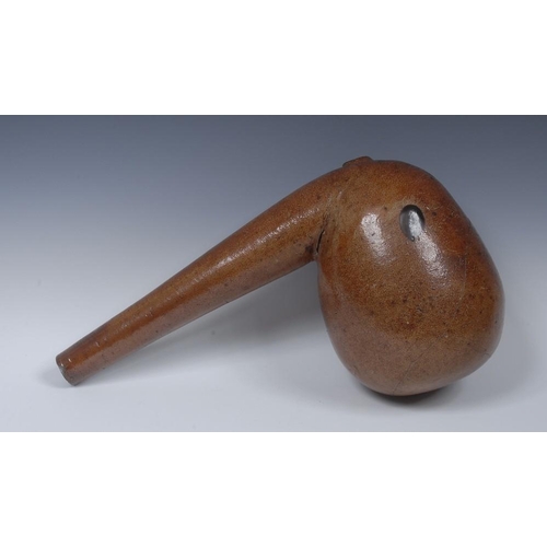 29 - A late 19th century salt glazed stoneware distillery retort, bulbous form with long handle, 47cm lon... 