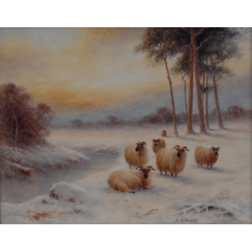 35 - An English Porcelain rectangular plaque, painted by Milwyn Holloway, signed, with black faced sheep ... 