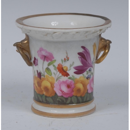 57 - A 19th century Coalport flared cylindrical spill vase, painted with summer flowers, gilt bird beak r... 
