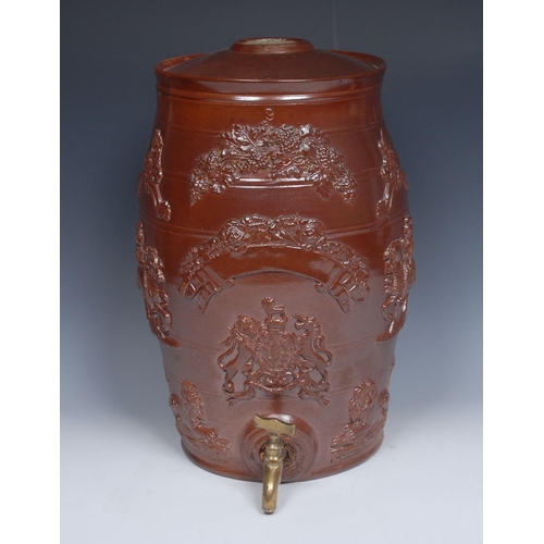 29 - A 19th century Brampton brown salt glazed stoneware spirit barrel, applied in relief with Royal Cres... 