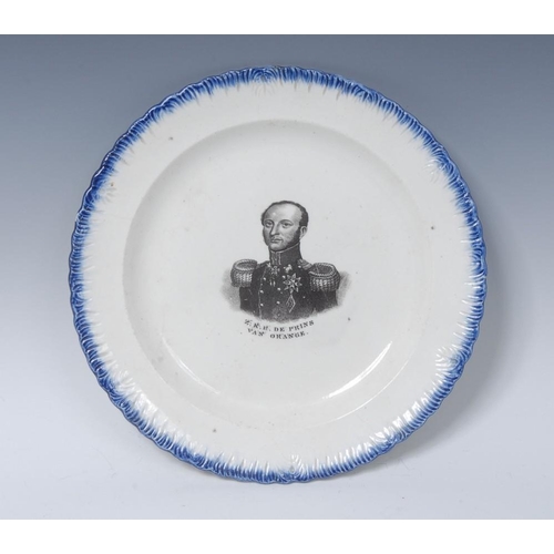 3 - A 19th century Pearlware shaped circular plate,  transfer printed in monochrome with portrait and in... 