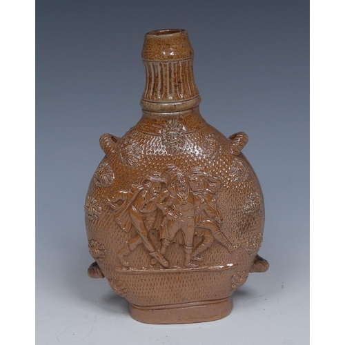 38 - A 19th century brown salt glazed stoneware flask, sprigged with three merry figures within a band of... 