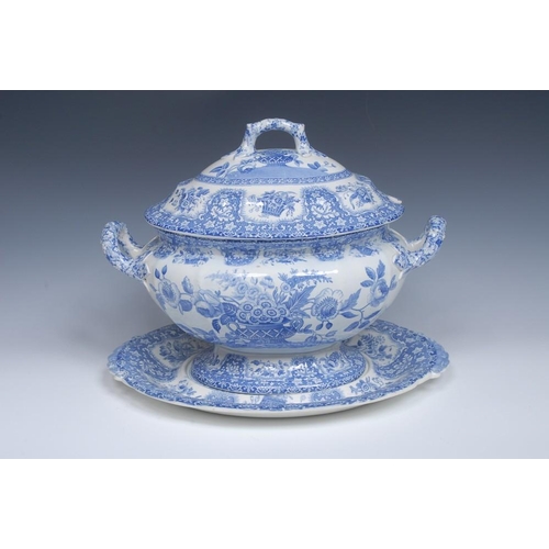 45 - A large  Spode two-handled tureen, cover and stand, transfer printed in tones of blue with basket of... 