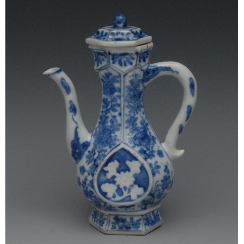 28 - A Chinese Islamic shape blue and white porcelain hexagonal ewer, of small proportions, moulded in re... 