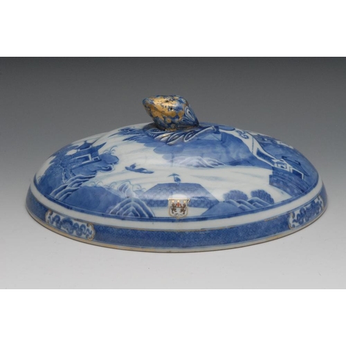 8 - A Chinese  blue and white armorial painted tureen cover, printed in underglaze blue with pagoda and ... 