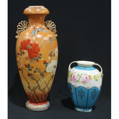 38 - A Japanese Noritake compressed ovoid vase, printed with a band of summer flowers, on a turquoise gro... 