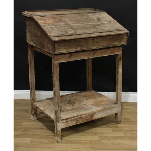 3 - Barn Salvage - an estate made pitch pine work table, of unusual vernacular lecturn proportions, shal... 