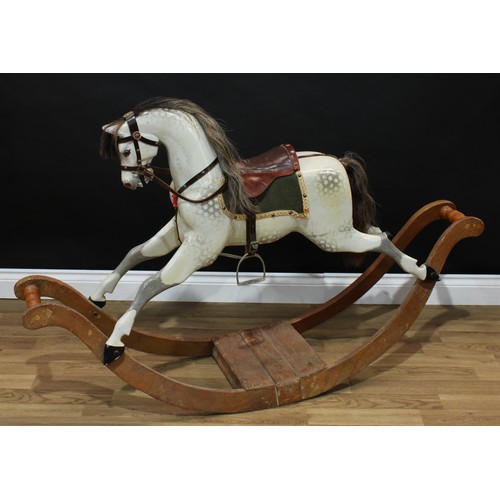 2039 - A good Edwardian dappled grey rocking horse on bow rockers, the carved, gesso and painted horse with... 