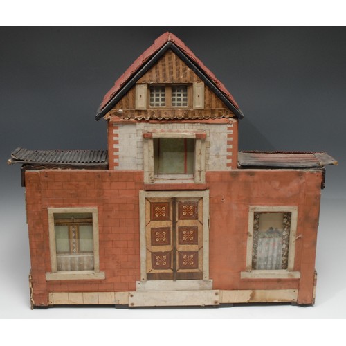 2037 - A late 19th century two storey dolls house, probably by Bliss (American), lithographed paper pasted ... 