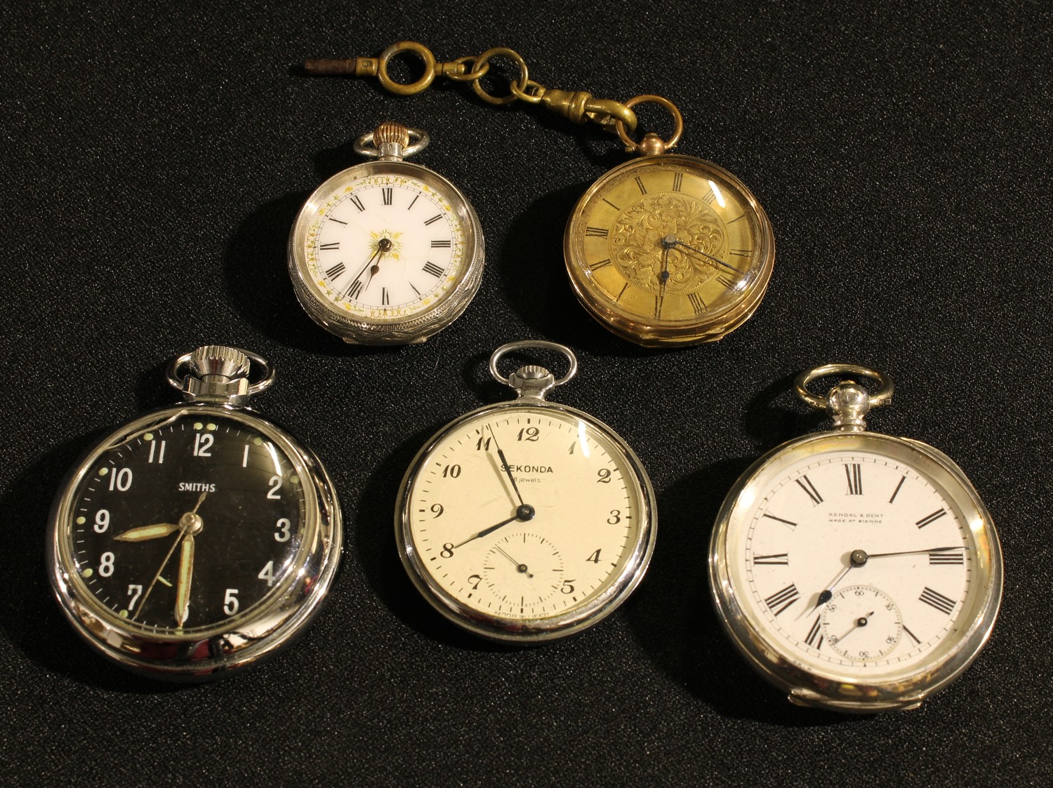 A Continental silver open face pocket watch, Kendal A Dent, Bienne; a...