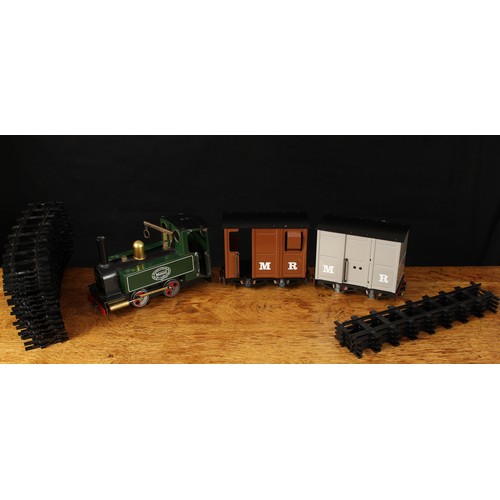 5056 - Mamod O Gauge live steam models, comprising SL1 0-4-0 tank locomotive, green livery, unboxed; RW3 go... 