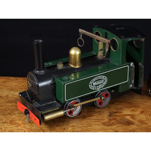5056 - Mamod O Gauge live steam models, comprising SL1 0-4-0 tank locomotive, green livery, unboxed; RW3 go... 