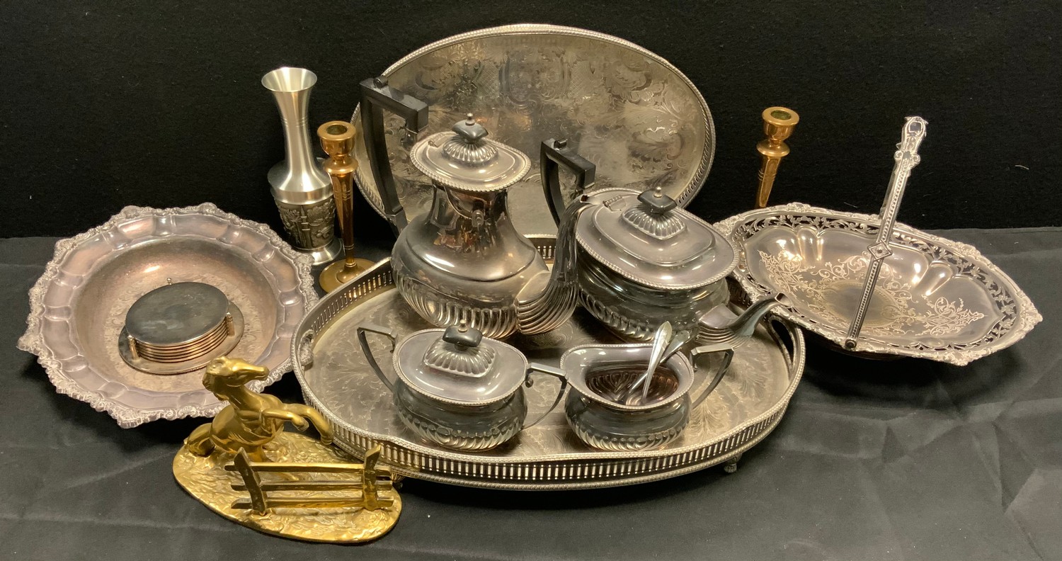 Metalware - a four piece silver plated tea set, associated tray; swing...
