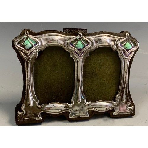 38 - A small Art Nouveau style enameled sterling silver double photograph frame, impressed sterling, ease... 