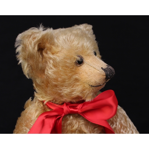 2020 - A 1930's Chiltern golden mohair jointed teddy bear, glass eyes with remains of brown painted backs, ... 