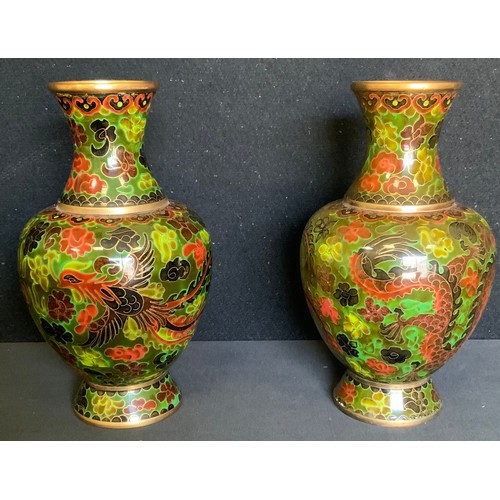 2 - A pair of Japanese Cloisonné vases, decorated with a Dragon and Cockatrice upon green floral ground,... 