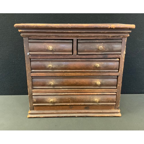 9 - Miniature Furniture - a 19th century stained pine chest, of two short and three long drawers, 30cm  ... 