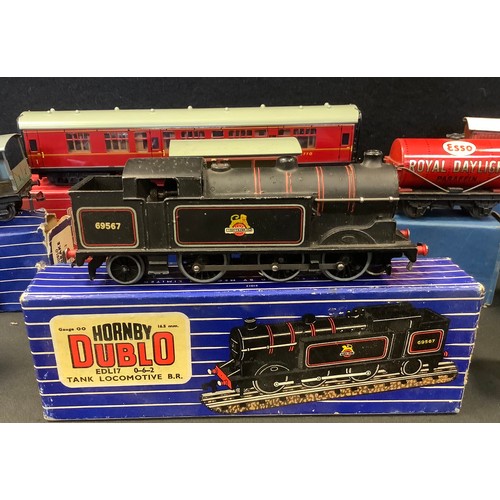 50 - Hornby Dublo  - three rail, EDL17 0-6-2 locomotive, BR black livery, Rn 69567;  4052 corridor coach;... 