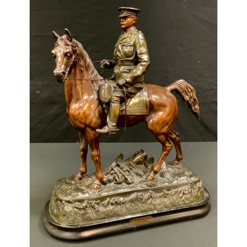 47 - After Ruffony, French, painted spelter, mounted army officer, the base with cannon, titled, 53c, hig... 