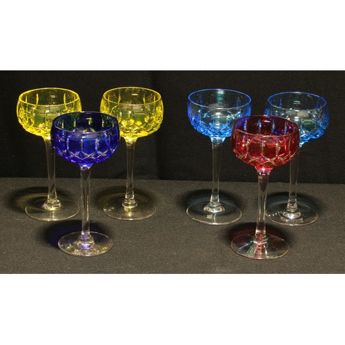 41 - A set of six Walsh harlequin shallow wine glasses, engraved and flashed bowls in red, yellow and blu... 