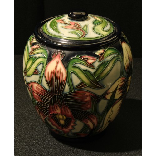 47 - A Moorcroft 'Aphrodite' pattern lidded jar, tube lined decoration, designed by Shirley Hayes, 17cm h... 
