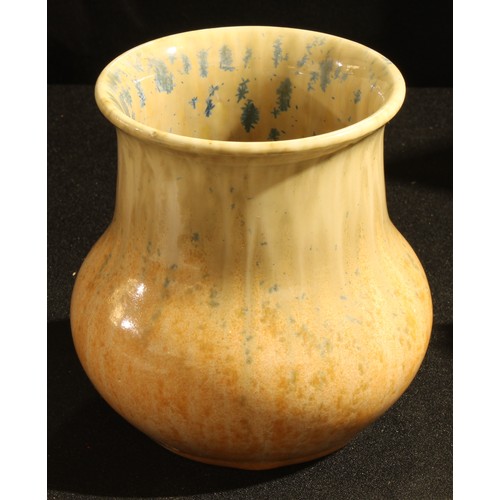 55 - A Ruskin matt crystalline baluster vase, in mottled orange, yellow and tan, 13.5cm high, impressed m... 