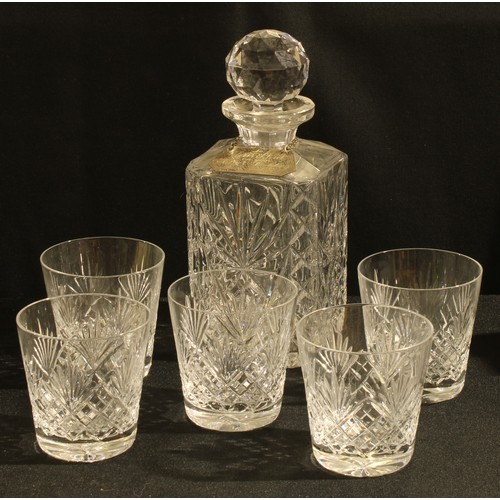 35 - A cut glass decanter with silver presentation label, marked silver, five similar whisky tumblers