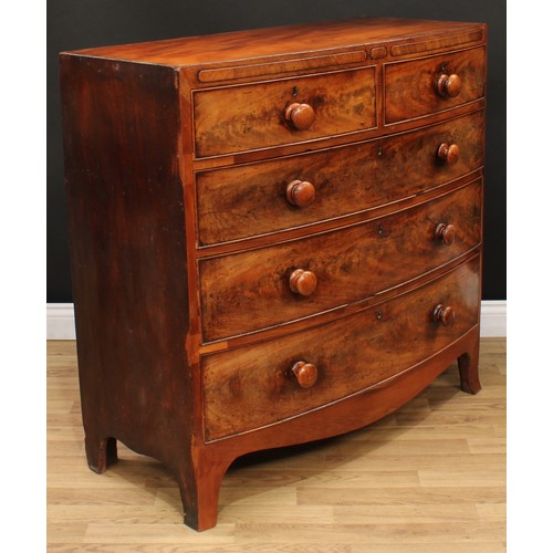 7 - A George IV mahogany bow front chest, flush rectangular top above two short and three long graduated... 