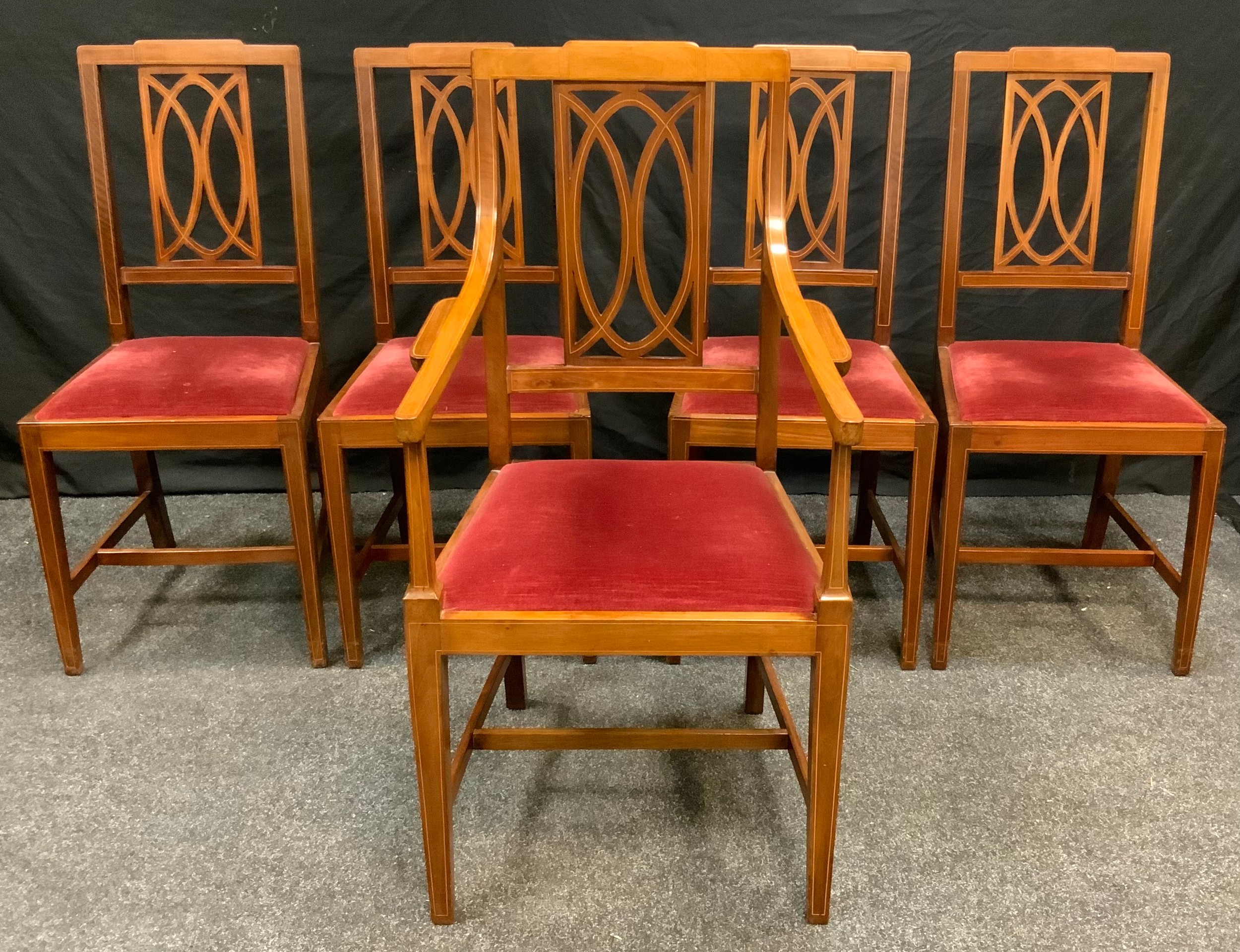 A set of five inlaid mahogany dining chairs, shaped backs, red upholstered...