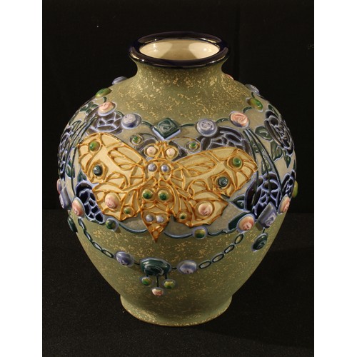 32 - A Czech Amphora Art Nouveau jewelled butterfly vase, 22cm high