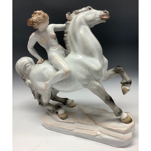 40 - **WITHDRAWN** A Herand Hungary model, of a female nude riding a horse bareback, 45cm high, printed m... 